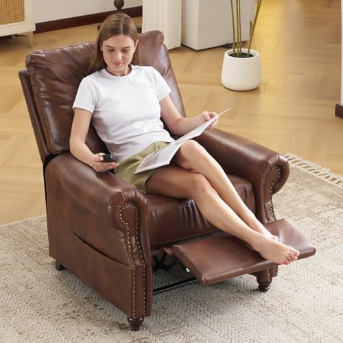 Pushback Recliner Chair with Massage and Heating, Breathable Leather Recliner Chair with Overstuffed Backrest and Rivet Decoration, Single Sofa Accent Chair for Living Room, Light Brown