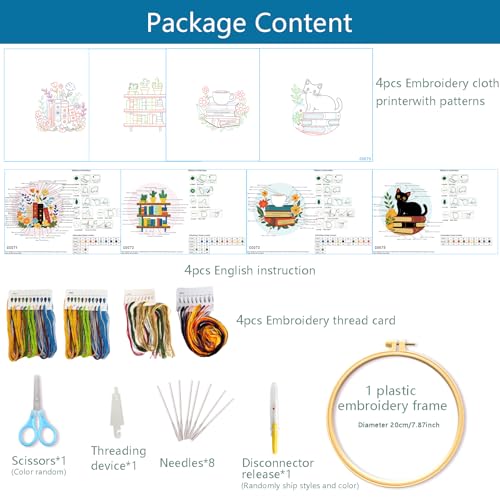 Zhenqing 4 Bookshelf Scenes Embroidery Kit for Beginners, Pre-Printed 29x29cm Circular Cotton Fabric Set with 20cm Hoop, Reading & Library Themed Designs for Home Decor (C0226)