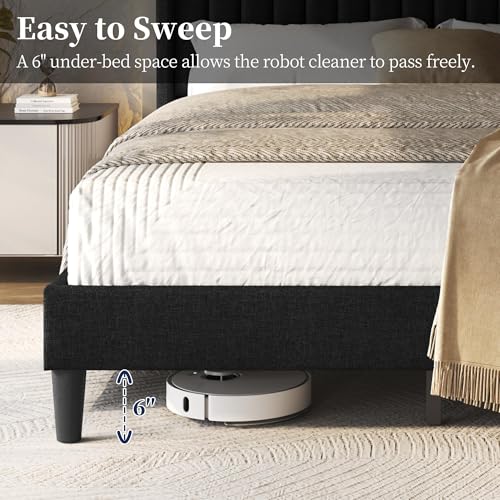 Yaheetech Queen Bed Frame Upholstered Platform Bed with Fabric Headboard, Wing Edge Design/Non-Slip and Noise-Free/Wooden Slats Support/No Box Spring Needed/Easy Assembly, Black Queen Bed Yaheetech