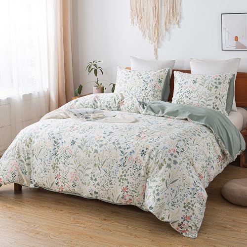 HoneiLife Duvet Cover Queen Size - 100% Cotton Comforter Floral Breathable Duvet Cover with Zipper Closure & Corner Ties,3pcs Wildflower Comforter Cover Sets- Fragrant Grass HoneiLife