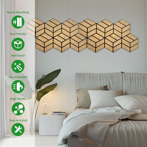 12 Pack Hexagon Acoustic Wood Wall Panels, Sound Proof Foam Panels, High-Density Wood Veneer Tiles for Interior Wall Decor, Recording Studio&Office, 10x9x0.4 Inch AkuDecor