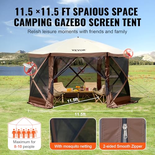 VEVOR Pop Up Gazebo Screen Tent 6 Sided Canopy Sun Shelter with 6 Removable Privacy Wind Cloths & Mesh Windows, 11.5x11.5FT Quick Set Screen Tent with Mosquito Netting, Brown VEVOR