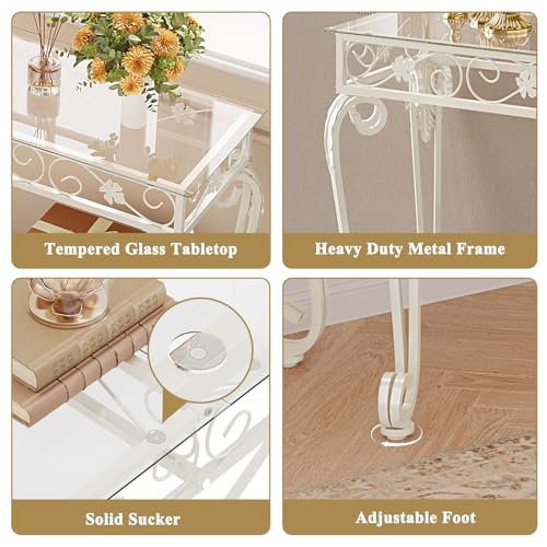 HavenlyYouth Console Table 47.2", Tempered Glass Sofa Table with Metal Frame, Console Tables for Living Room, Entryway, Hallway, Foyer, Adjustable Feet (White) HavenlyYouth