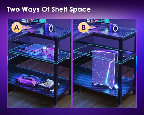 ODK 40 Inch Gaming Desk with USB Power Outlets and LED Lights, Reversible L Shaped Computer Desk with Storage Shelves & Monitor Stand, Corner Home Office Desk Table, Carbon Fiber Surface, Black ODK