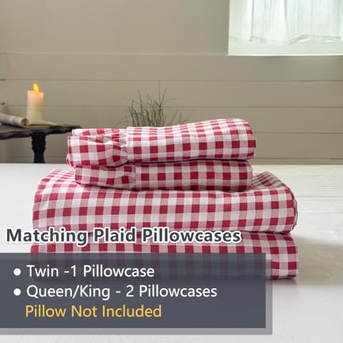 NSNLGSGC Red Gingham Ruffle King Sheet Set, Red Soft Pre-Washed Microfiber Plaid King Bed Sheets, 4-Pieces Farmhouse Sheet Set with Deep Pocket NSNLGSGC