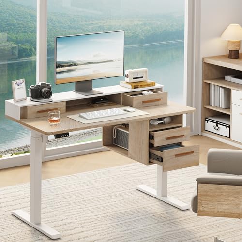 ModernMate Standing Desk with 4 Drawers, 47.2 x 23.6 Inch Whole Piece Height Adjustable Electric Sit Stand Desk, Computer Home Office Workstation with Open Storage Shelf, Light Walnut ModernMate