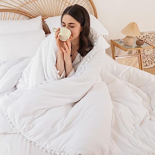 YIRDDEO Queen Comforter Set - Comforter Queen Size Sets with Ball Pom Fringe, Soft Bedding Set for All Seasons - 3 Pieces, 1 Comforter (90"x90") & 2 Pillow Shams (20"x26"), White YIRDDEO