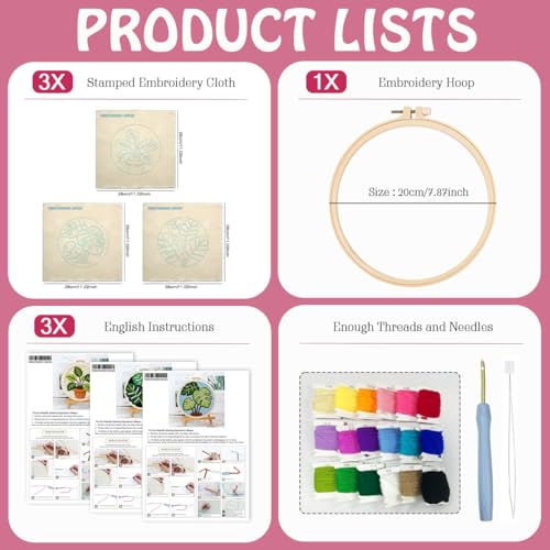 JOZYSH Green Plants of Various Shapes Punch Needle Kits for Beginner, DIY Punch Needle Kit Adults Beginner Include 3 Pre-Printed Fabrics, Embroidery Hoop, Threads, Craft Gifts and Decorations
