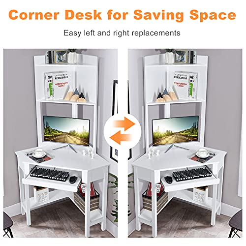Tangkula White Corner Desk with Hutch, 90 Degrees Triangle Computer Desk with Keyboard Tray & Bookshelves for Small Space, Space Saving Writing Desk with Storage Shelves for Bedroom Apartment Tangkula