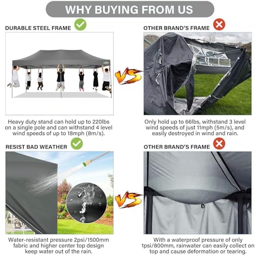 COBIZI 10x20 Pop up Canopy Tent 10x20 Canopy with 6 Sidewalls Waterproof Heavy Duty Commercial Tent for Parties Outdoor Garden Gazebo, Carry Bag with Wheel(10x20ft, Gray) COBIZI