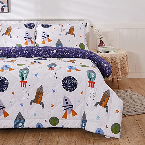 Brandream Kids Space Bedding Set Boy Girl Cotton Comforter Set Space Rocket Galaxy Bedroom 3-Piece Full Size Brandream