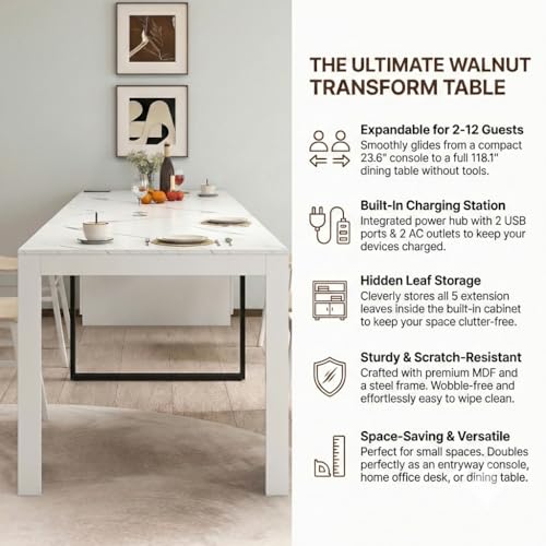 Royjhnl Transformer Table: Extendable Dining, Folding Console Table with Outlet, Space - Saving for 8-12, Perfect for Living Room & Kitchen Royjhnl
