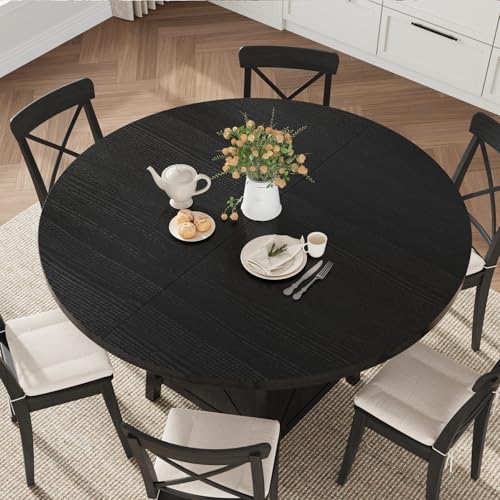 COSYSHINY 43.3"-59" Extendable Round Dining Table with Detachable Extension Plate for 4-8 People; Oval Kitchen Dining Table Equipped with Shelf and Storage Box for Kitchen Living Room (Black) COSYSHINY