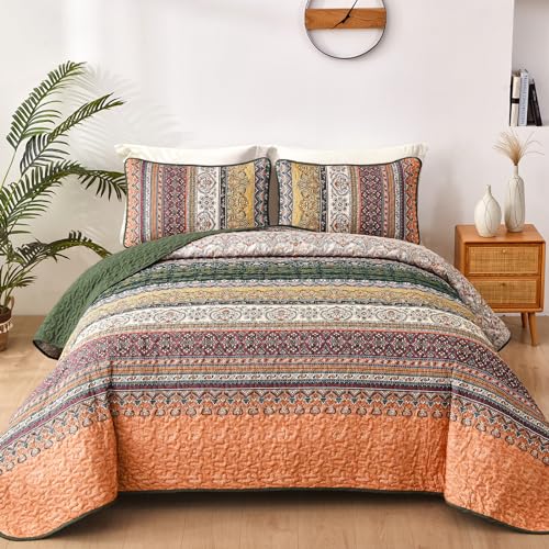 WONGS BEDDING Boho King Quilt Set, Green and Orange Bohemian Quilt Bedding Set, Fall Lightweight Bed Decor Bedspread for All Season Reversible Microfiber Coverlet Bedding Set 103"x90"(3 Pieces) WONGS BEDDING