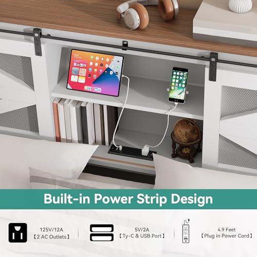 YITAHOME Farmhouse Queen Size Bed Frame with Headboard, Bookcase Storage Shelves, Sliding Grid Barn Door, Charging Station, Rustic Wood Platform Bed, No Box Spring Needed, White YITAHOME