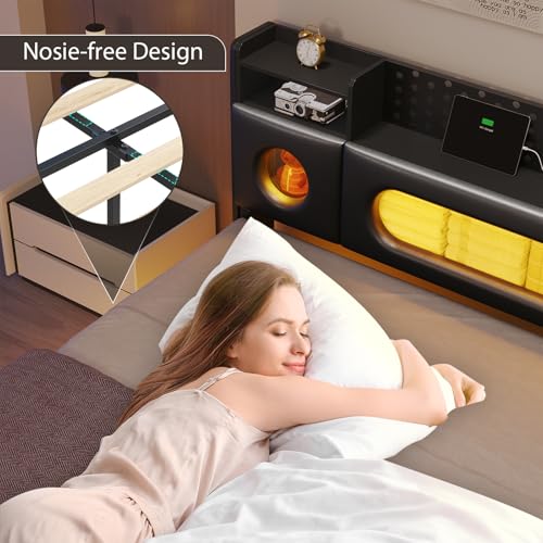 busyaeh Floating Bed Frame Queen with Storage Headboard, Platform Bed Queen Size with Storage & LED Lights,Metal Floating Queen Bed Frame, No Box Spring Needed, Noise-Free, Easy Assembly, PU Black busyaeh