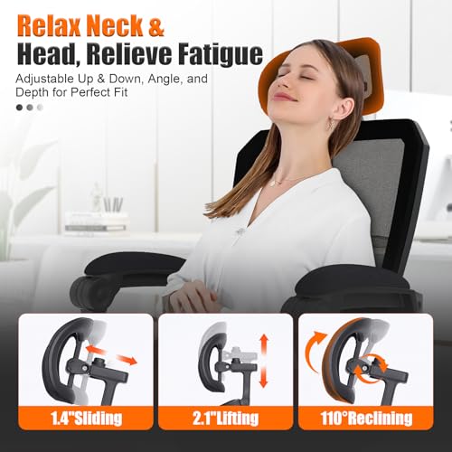 Hihady Ergonomic Office Chair with Footrest, High Back Swivel Mesh Desk Chair, Big and Tall Rolling Computer Chair with Headrest, Lumbar Support, 3-Level Tilt Backrest for Home, Bedroom, Work Hihady