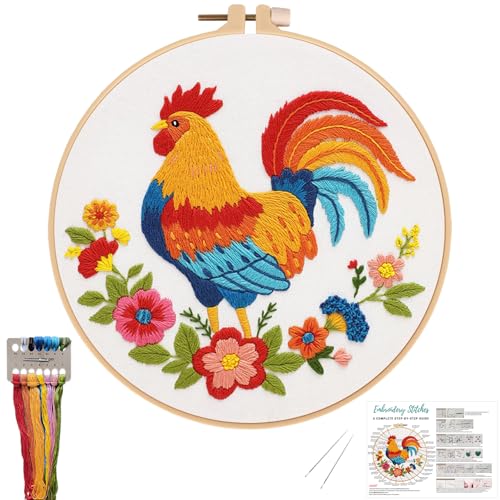 Nuberlic Rooster Embroidery Kit for Adults Beginners, Stamped Farmhouse Embroidery Starter Kit with 7.9 Inch Hoop, Threads, Needles & Instructions, DIY Needlework Craft Gift