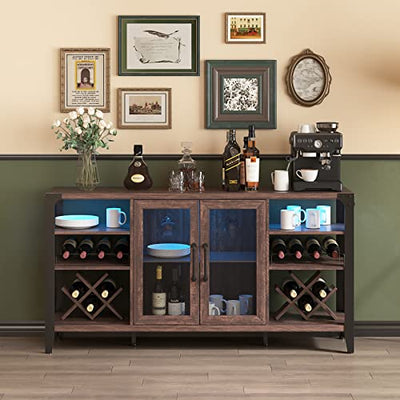 Vabches Dark Brown Farmhouse Wine Bar Cabinet with LED Lighting and Ample Storage