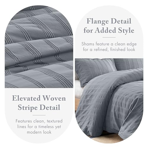 Madison Park Essentials Striped Duvet Cover Set Twin/Twin XL, Modern Minimalist Bedding Set with Premium Jacquard Stripe, 2 Pieces Duvet Cover Reversible with Zipper Closure & Corner Ties,Blue/Grey Madison Park Essentials