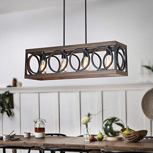 XINGQI Black Kitchen Island Light Fixtures, Farmhouse Dining Room Chandelier Rectangular Linear Chandeliers Pendant Ceiling Light Fixture for Bar Office Coffee Shop 4-Light Wood Grain XINGQI