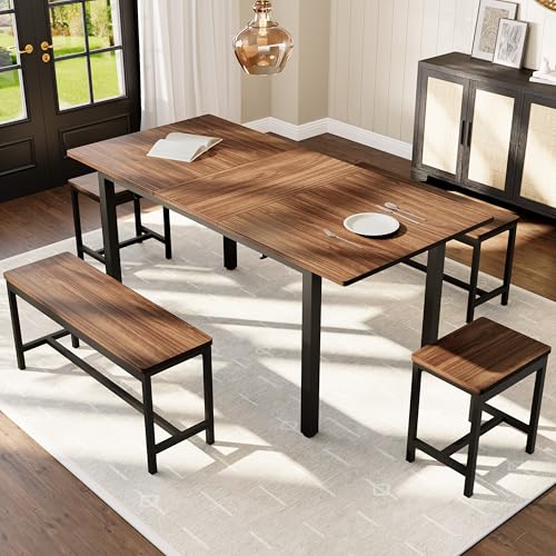 GarveeHome 5-Piece Dining Table Set for 4-8 People, 63 in Large Extendable Kitchen Table Set with 2 Benches and 2 Square Stools, Modern Dining Room Furniture Sets, Easy Assembly, Espresso GarveeHome