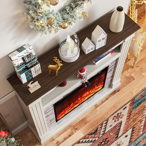 TRONLEE 40" H Electric Fireplace with Mantel, LED Flame Effect,4800 BTU Heating Small to Medium Spaces 60-99°F,Overheat Protection,Remote Control,Freestanding (Off White) TRONLEE