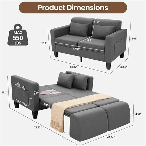 SEJOV 6-in-1 Convertible Sofa Bed, 58" Loveseat Sleeper Sofas with Pull Out Couch Bed, Removable Backrest, Storage Pockets and 2 Pillows, Modern Folding Linen Futon Couch for Small Spaces, Gray SEJOV