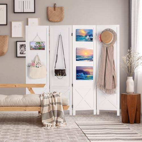 Wnutrees 4 Panel Pegboard Display, 5 Ft Wood Folding Privacy Screens Room Divider, Portable Freestanding Display Board for Craft/Art Shows, Retail, Events, Wall Organizer, Rustic Barnwood, White Wnutrees