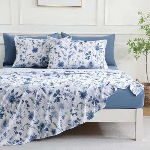 Botanical 6-Piece Full Size Sheets Set, Boho Floral Print Brushed Microfiber Sheets, Cooling Bed Sheet Set, Ultra Soft & Breathable, 16' Deep Pocket Fitted Sheet & Pillowcase Set, Grey Blue Floral Swiftify