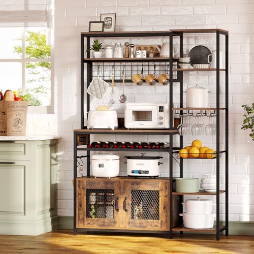UPOSOJA Rustic Brown Bakers Rack with Power Outlet and Multifunctional Storage Solutions UPOSOJA