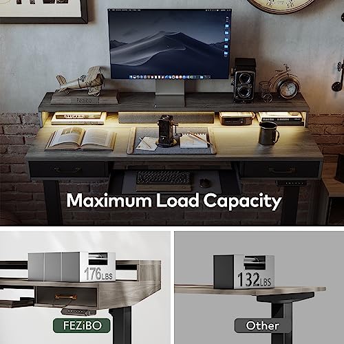 FEZIBO 55 x 25 Inch Height Adjustable Electric Standing Desk with Double Drawers&Keyboard Tray, Stand Up Desk with LED Strips, Sit Stand Desk with Monitor Stand, Rustic Grey FEZIBO