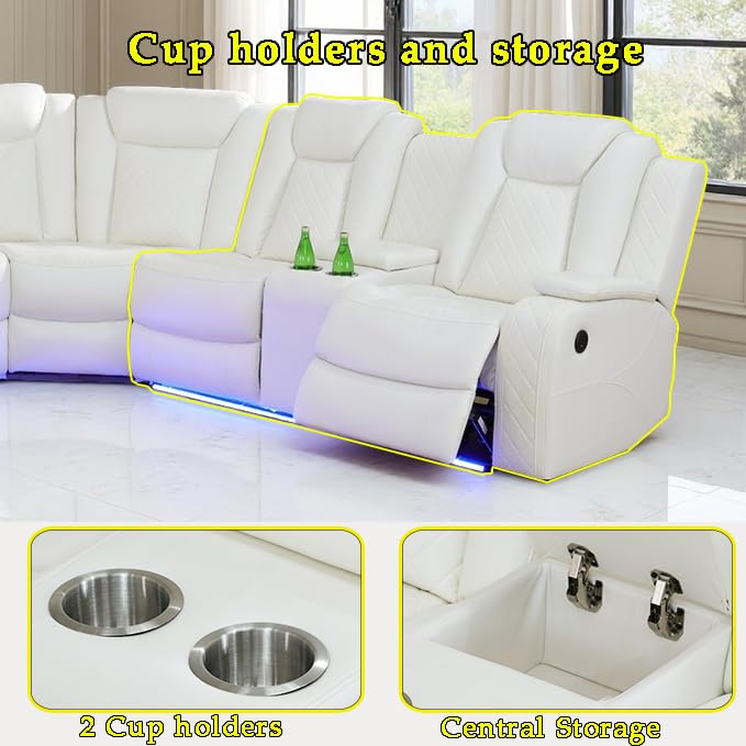 A Ainehome Power Recliner Sectional Sofa Couch with 2 Recliner, Living Room Furniture Sets, Leather Power Reclining Sectional Sofa Set with LED, Leather Couches with USB Port&Storage for Living Room A Ainehome
