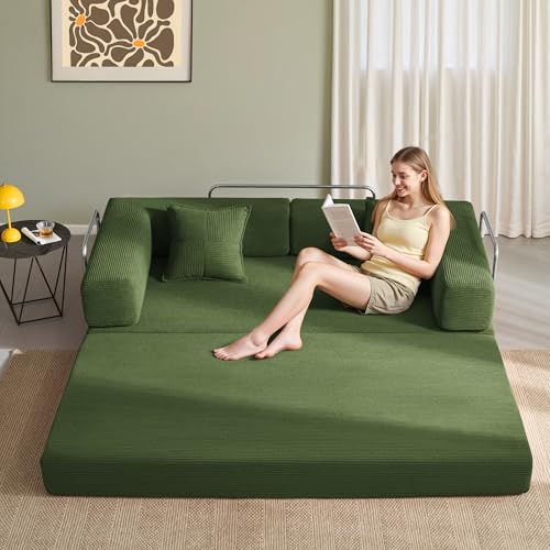 YINIX Foldable Sofa Bed, 78'' Folding Floor Couch, Compressed Convertable Sleeper Sofa, Memory Foam Couch with Pillow Back Support Armrest, 4-in-1 Futon Sofa Bed for Living Room, Green YINIX