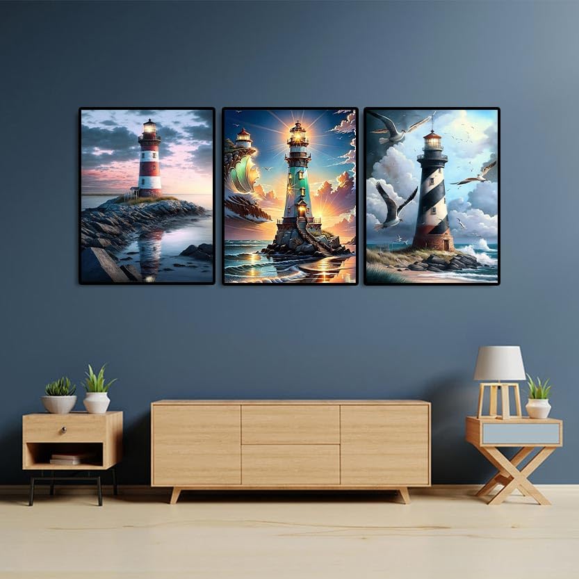 WUDWL Diamond Painting Kits for Adults - 3 Pack Lighthouse DIY 5D Diamond Art Kits Full Drill Diamond Dots Paintings with Diamonds Gem Art and Crafts Home Decor 12x16inch WUDWL