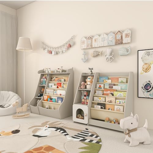 Montessori-Inspired 5-Tier Sling Bookshelf and Toy Storage for Kids - Grey Wooden Display Rack Generic
