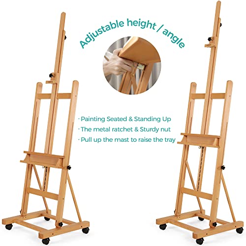 VISWIN Premium H Frame Easel 75" to 146"H, Hold Canvas to 93", Solid Beech Wood Large Artist Easel for Painting Canvas, Studio Floor Easel Stand with Storage Tray, Wheel, Wooden Art Easel for Adult-N VISWIN
