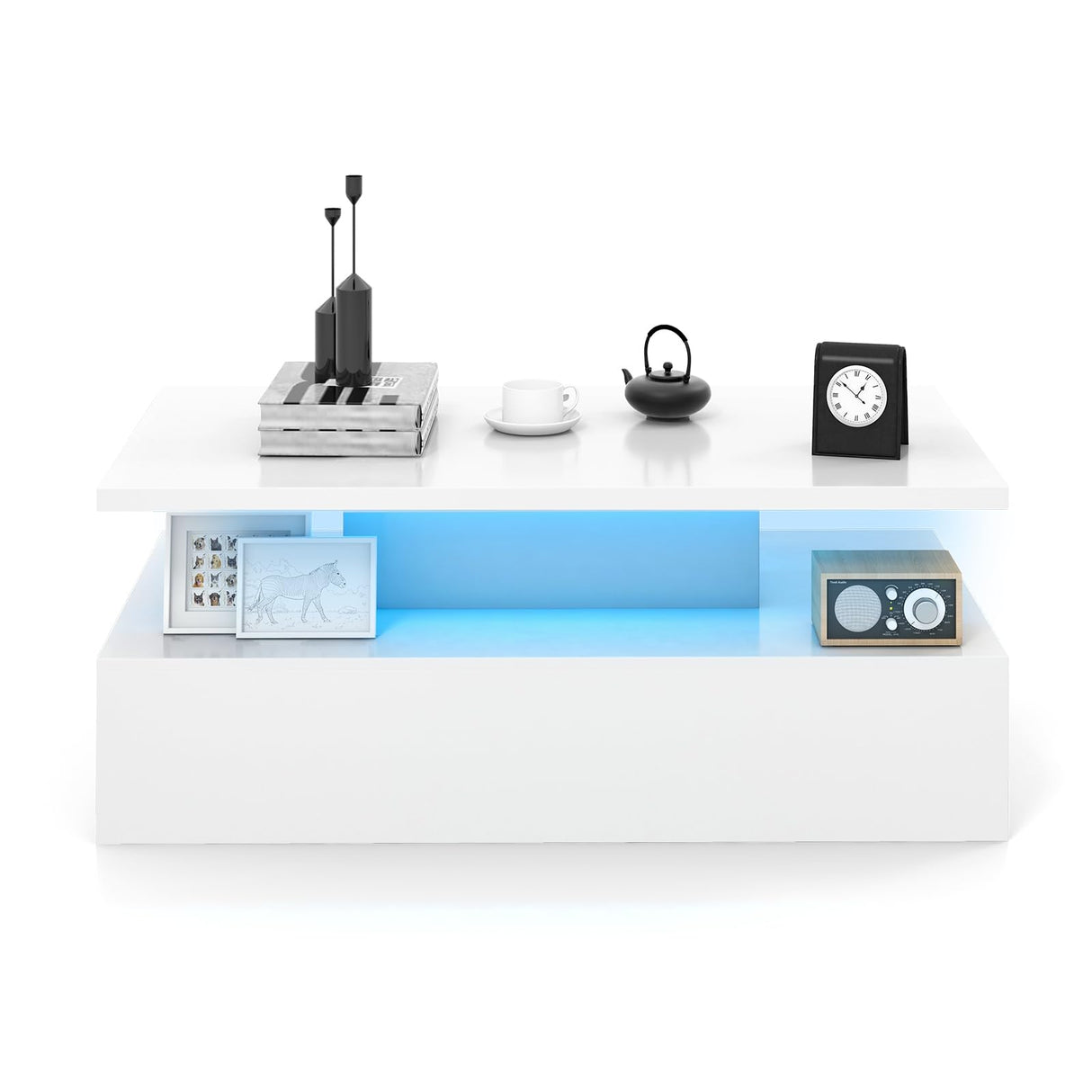 Giantex Modern LED Coffee Table - 2-Tier High Gloss Table w/Adjustable 20-Color Light, 8-Level Brightness & Speed, Remote Control, Contemporary 43.5”L Rectangular Center Table for Living Room (White) Giantex