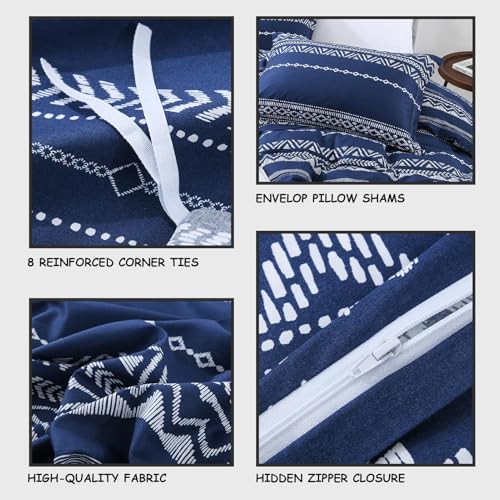 Bedduvit Boho Duvet Cover King - Navy King Duvet Cover Set,3 PCS Soft and Breathable 100% Cotton Summer Boho Duvet Cover King with Zipper Closure & 8 Ties (104"x90", No Comforter) Bedduvit