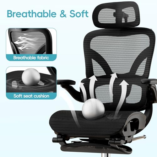 Alllion Ergonomic Mesh Office Chair, Home Desk Chair Comfy High Back with Adjustable Lumbar Support, 3D Headrest, Flip-up Arms, Big and Tall Reclining Computer Gaming Chairs for Men Women, Black Alllion