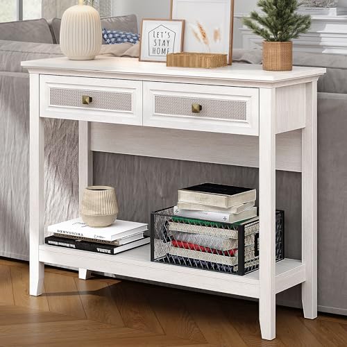 RoyalCraft Console Table with Drawers, Small Rattan Wood Entryway Table with Storage, Boho Narrow Long Sofa Table for Living Room, Hallway, Grayish White RoyalCraft