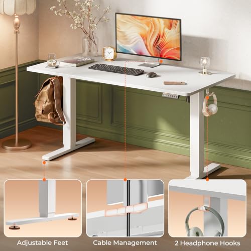 Huuger 55 x 28 Large Electric Standing Desk, Height Adjustable Copmuter Desk, 27.6" Deep Desktop, Stand up Gaming Office Table with 2 Hooks, 3 Preset Heights, for Home Office, White Huuger