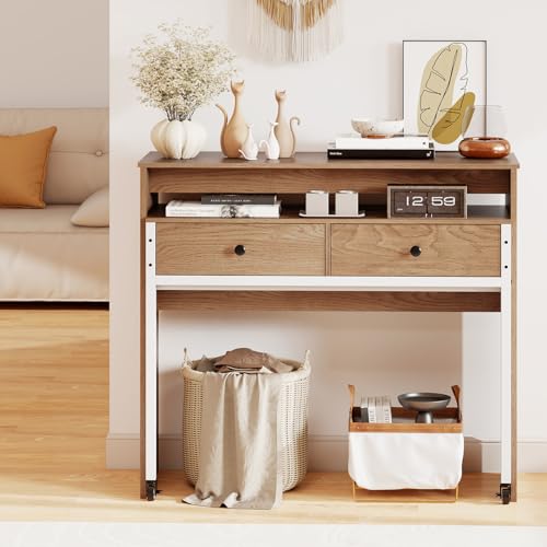 Tangkula Extendable Computer Desk with 2 Drawers, Small Writing Desk with Pull Out Secondary Desk, Console Table, Wood Study Workstation, Laptop Desk for Small Space Home & Office (Natural) Tangkula