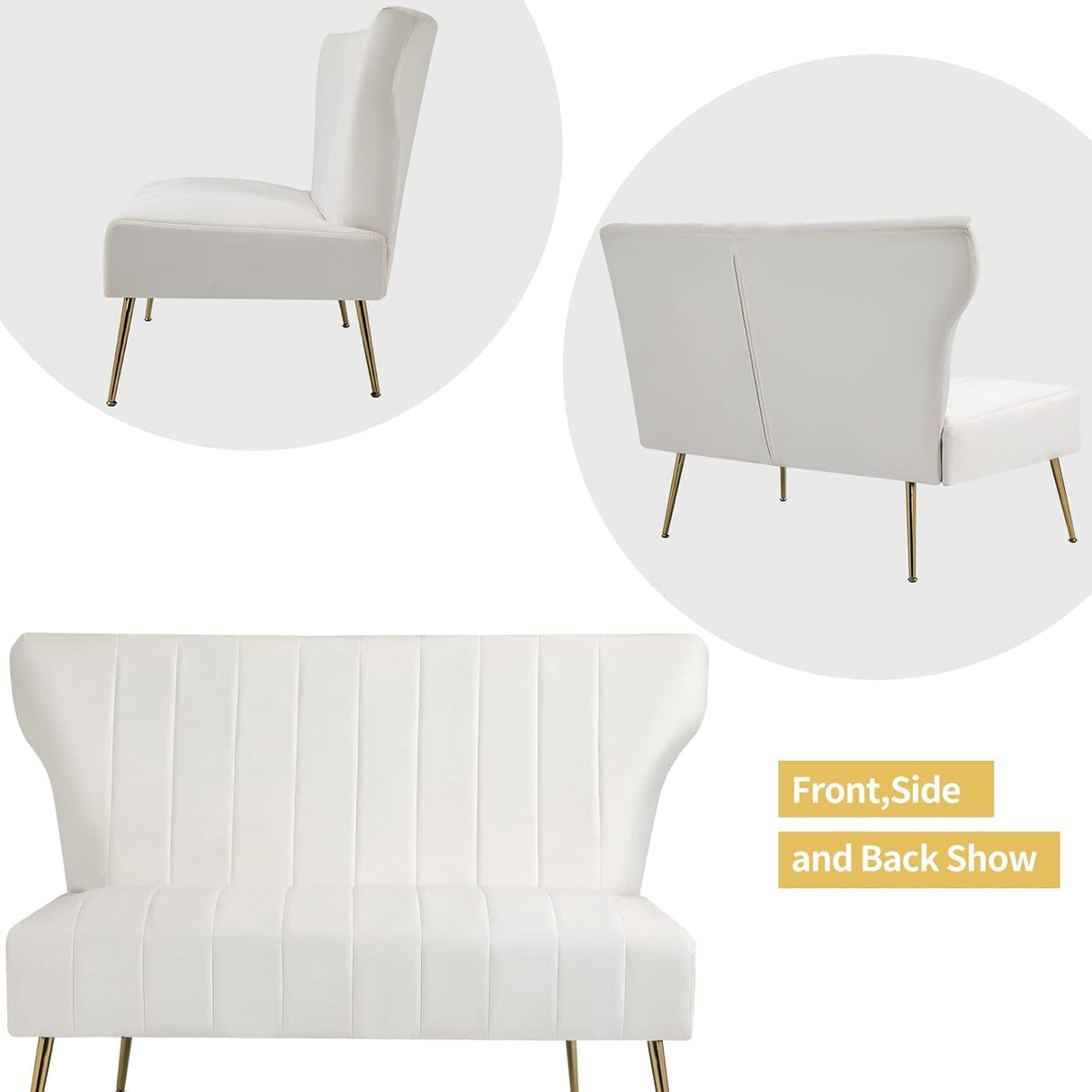 WQSLHX 50’’ Velvet Modern Armless Loveseat for Living Room Bedroom, Upholstered Small Wingback Couch Sofa with Gold Metal Legs & 2 Seater WQSLHX