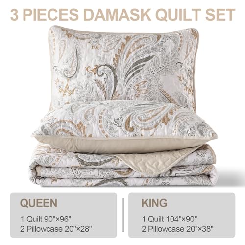 WONGS BEDDING Boho Quilt Set Queen,Beige Paisley Floral Pattern Bedspread Coverlet Set with 2 Pillowcases,Lightweight Microfiber Bohemian Quilt Bedding Set 96"×90" WONGS BEDDING