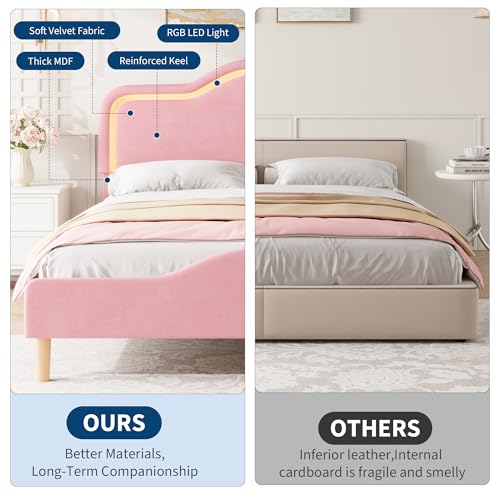 GarveeHome Full Size LED Bed Frame with Adjustable Headboard & Footboard, Velvet Upholstered Princess Platform Bedframe for Kids/Girls, Wooden Slats Support, No Box Spring Needed, Easy Assembly GarveeHome