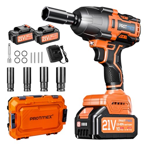 Protmex Cordless Impact Wrench, 900Ft-lbs (1200N.m) 1/2" Brushless Impact Gun, 21V High Torque Power Impact Driver, 2x4.0Ah Batteries Electric Impact Motor Variable Speeds for Car/Truck RV/Mower Protmex