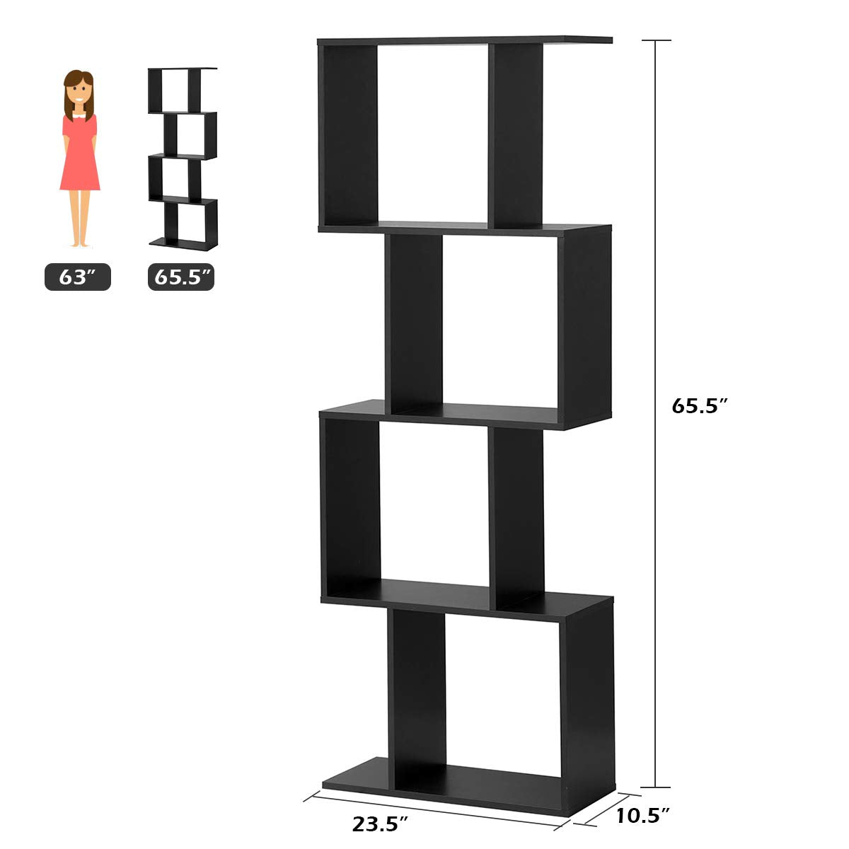 Giantex Modern S-Shaped 4-Tier Bookshelf - Stylish Free-Standing Storage Rack in Black Giantex