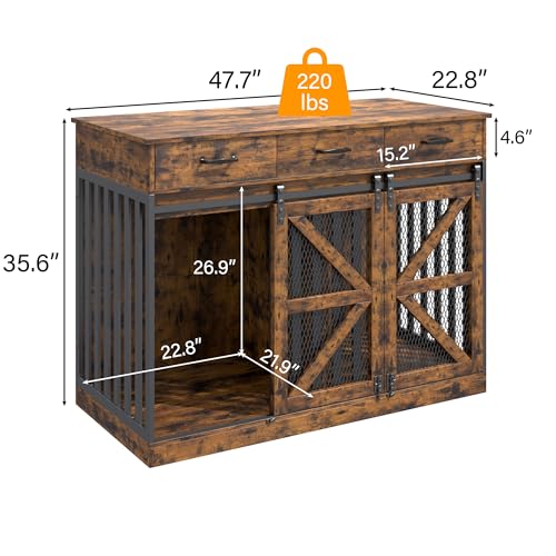 kepptory 48 Inch Large Dog Crate Furniture with 3 Storage Drawers, Wooden Pet Kennel with Removable Divider, Dog Kennel End Table TV Stand, Farmhouse Style Dog Crates with Sliding Barn Door (Brown) kepptory