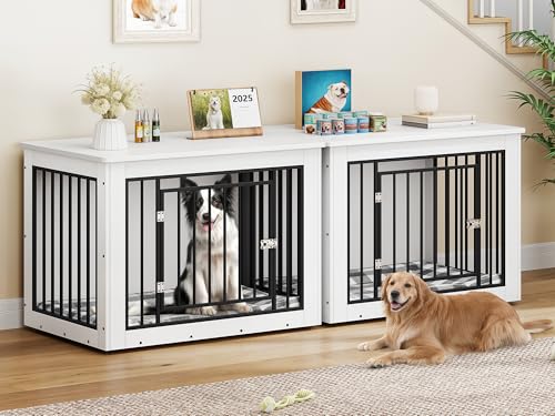 YITAHOME 76 Inch Double Dog Crate Furniture, XXL Dog Crate Furniture for 2 Dogs, Side End Table, Waterproof Top, Safety Corners, 2-in-1 Iron-Wood Fusion Dog Kennel Furniture for 2 Large Dogs,White YITAHOME